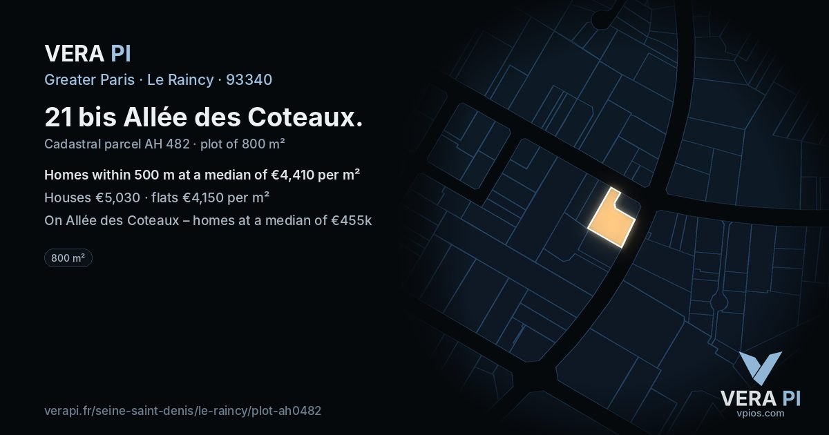 21 bis Allée des Coteaux, Le Raincy at night – the plot lit, the parcels around coloured by the prices near them