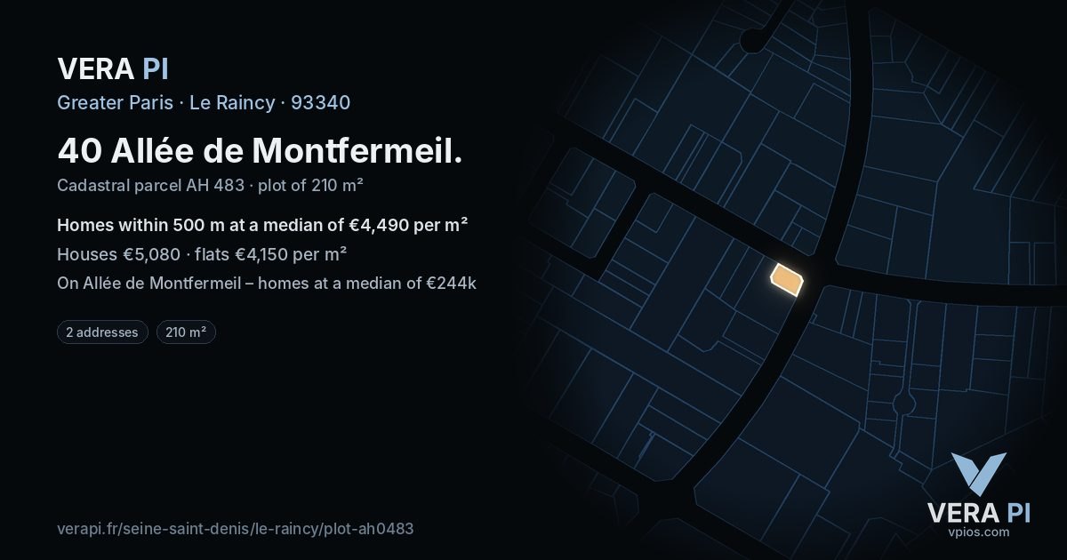 40 Allée de Montfermeil, Le Raincy at night – the plot lit, the parcels around coloured by the prices near them