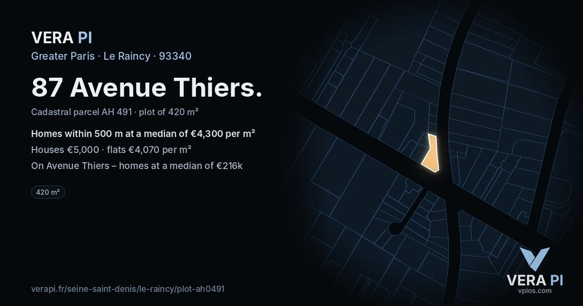 87 Avenue Thiers, Le Raincy at night – the plot lit, the parcels around coloured by the prices near them