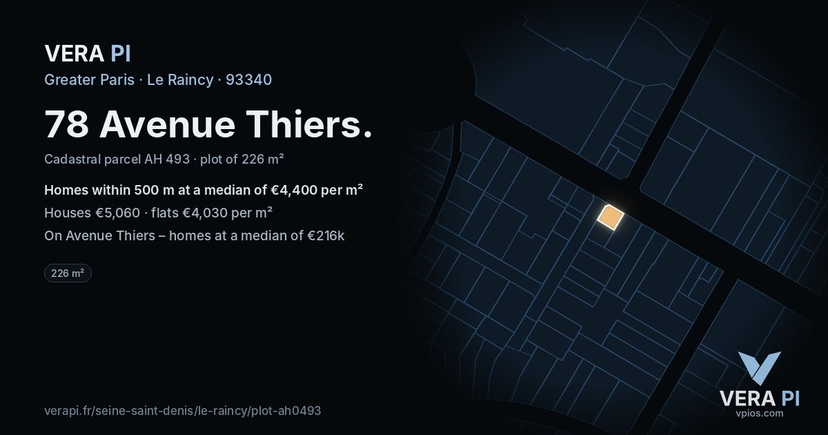 78 Avenue Thiers, Le Raincy at night – the plot lit, the parcels around coloured by the prices near them