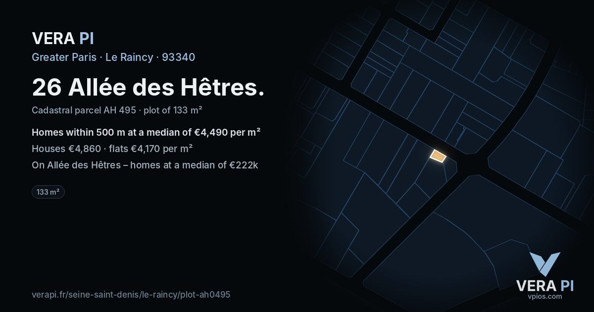 26 Allée des Hêtres, Le Raincy at night – the plot lit, the parcels around coloured by the prices near them