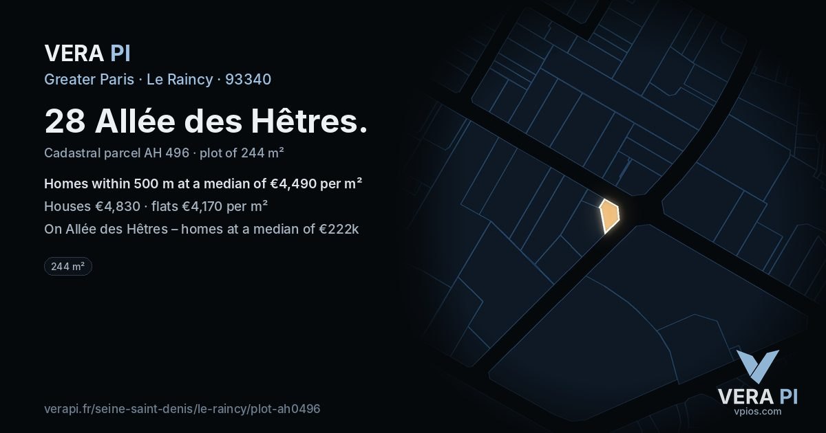 28 Allée des Hêtres, Le Raincy at night – the plot lit, the parcels around coloured by the prices near them