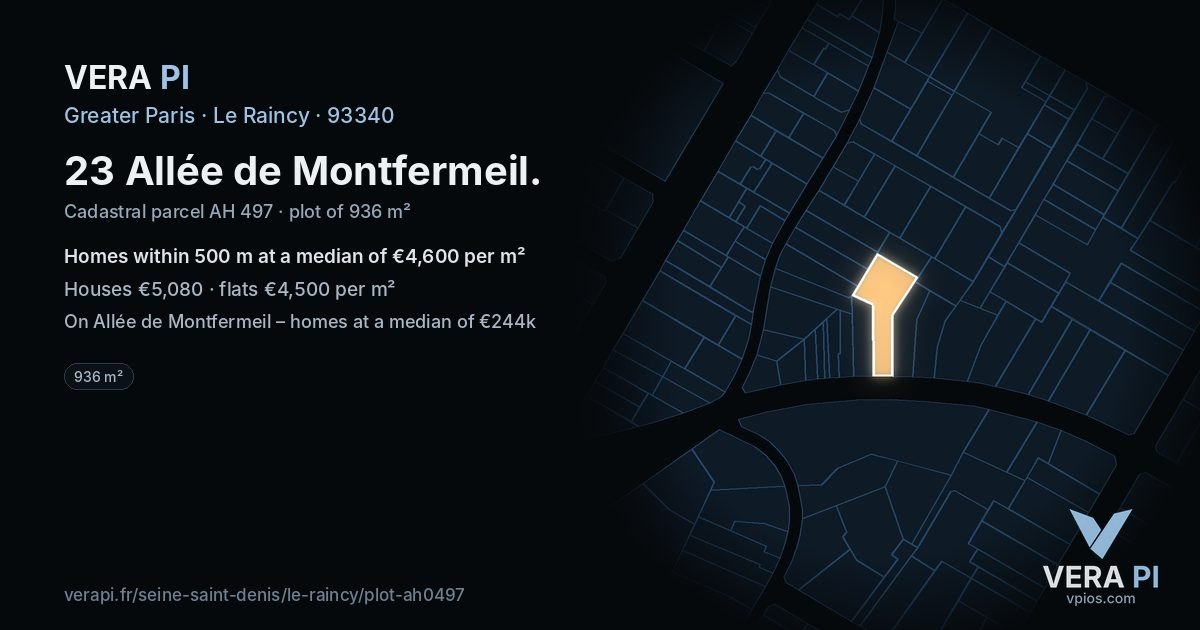23 Allée de Montfermeil, Le Raincy at night – the plot lit, the parcels around coloured by the prices near them