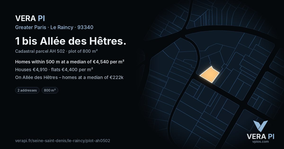 1 bis Allée des Hêtres, Le Raincy at night – the plot lit, the parcels around coloured by the prices near them