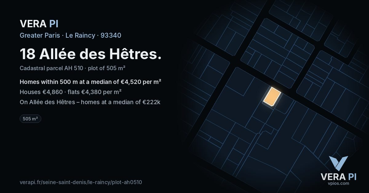 18 Allée des Hêtres, Le Raincy at night – the plot lit, the parcels around coloured by the prices near them
