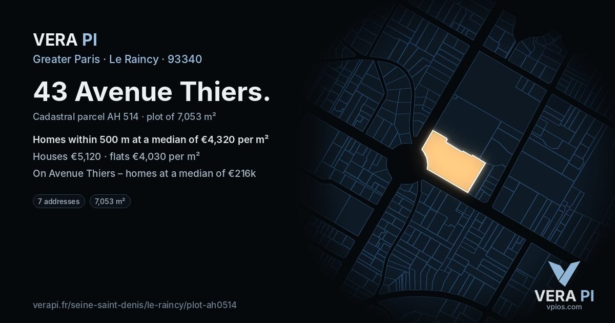 43 Avenue Thiers, Le Raincy at night – the plot lit, the parcels around coloured by the prices near them