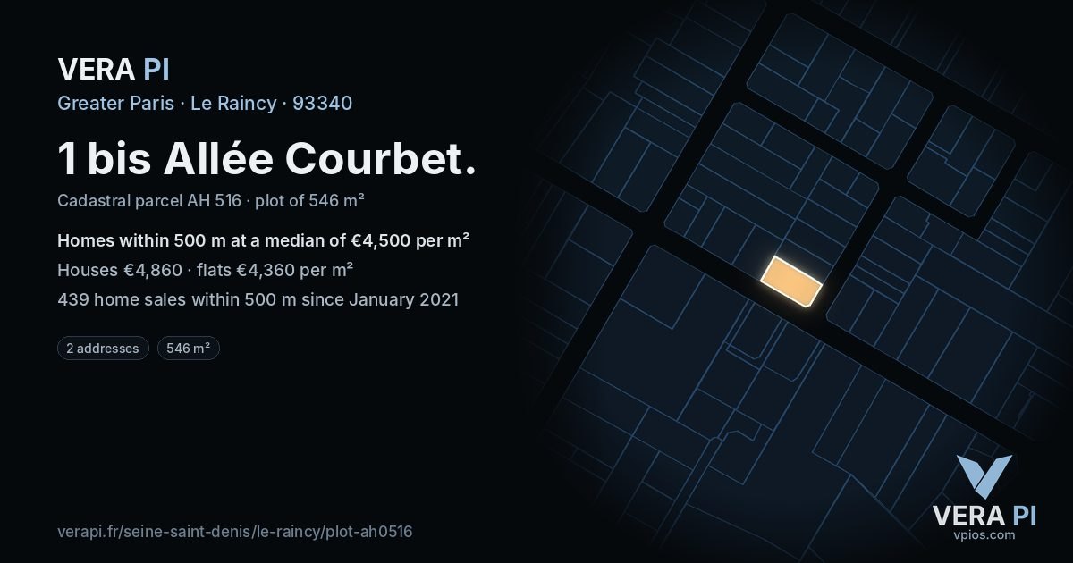 1 bis Allée Courbet, Le Raincy at night – the plot lit, the parcels around coloured by the prices near them