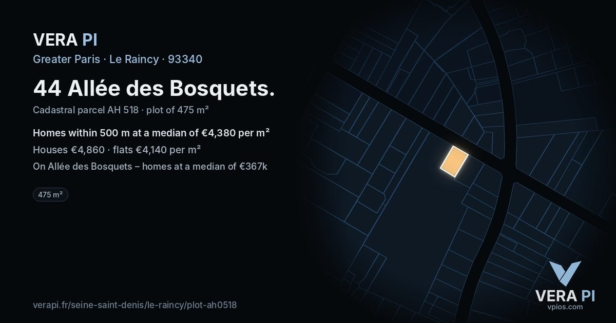 44 Allée des Bosquets, Le Raincy at night – the plot lit, the parcels around coloured by the prices near them