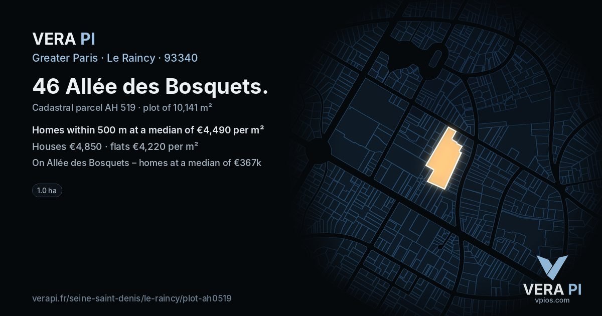 46 Allée des Bosquets, Le Raincy at night – the plot lit, the parcels around coloured by the prices near them