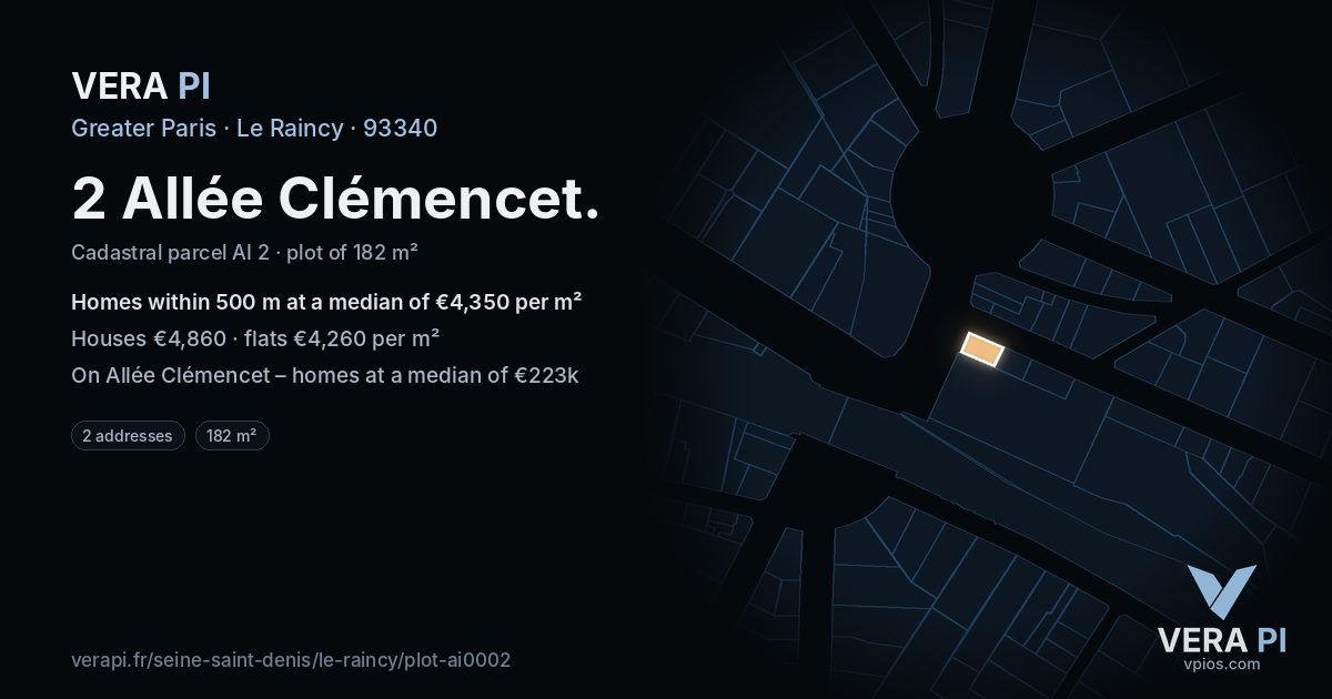 2 Allée Clémencet, Le Raincy at night – the plot lit, the parcels around coloured by the prices near them