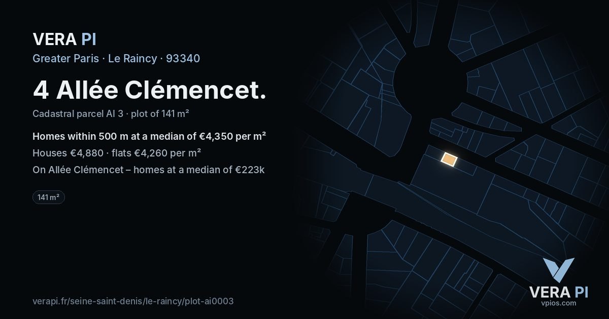4 Allée Clémencet, Le Raincy at night – the plot lit, the parcels around coloured by the prices near them