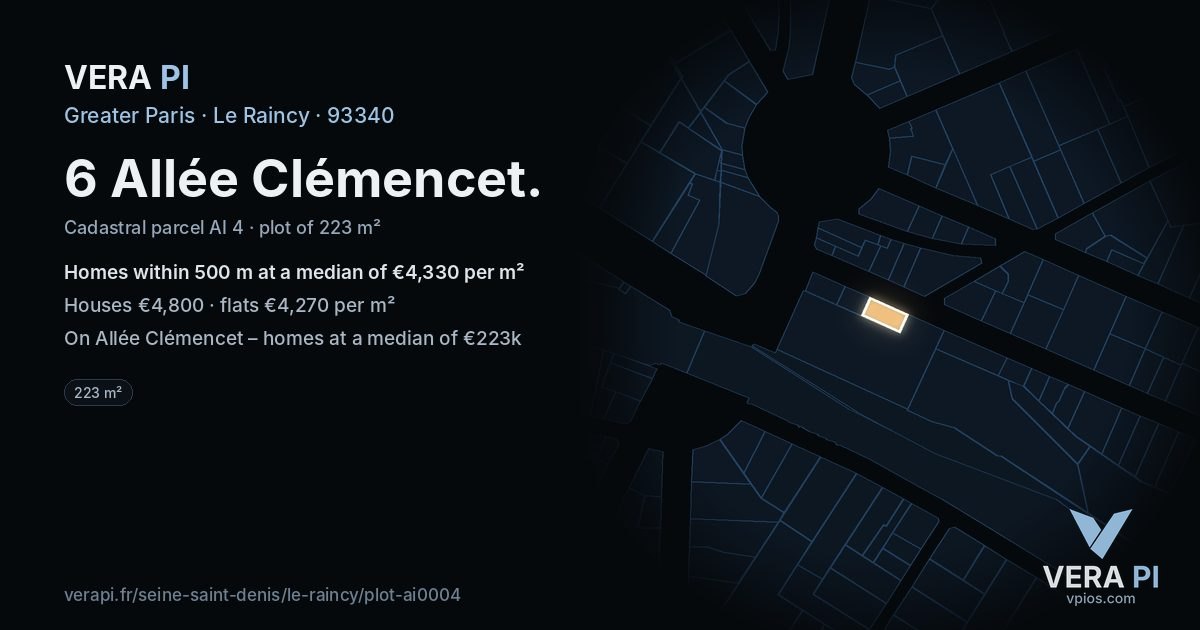 6 Allée Clémencet, Le Raincy at night – the plot lit, the parcels around coloured by the prices near them