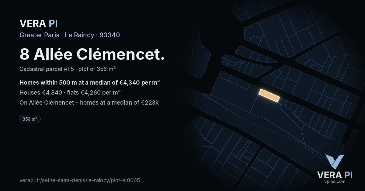 8 Allée Clémencet, Le Raincy at night – the plot lit, the parcels around coloured by the prices near them