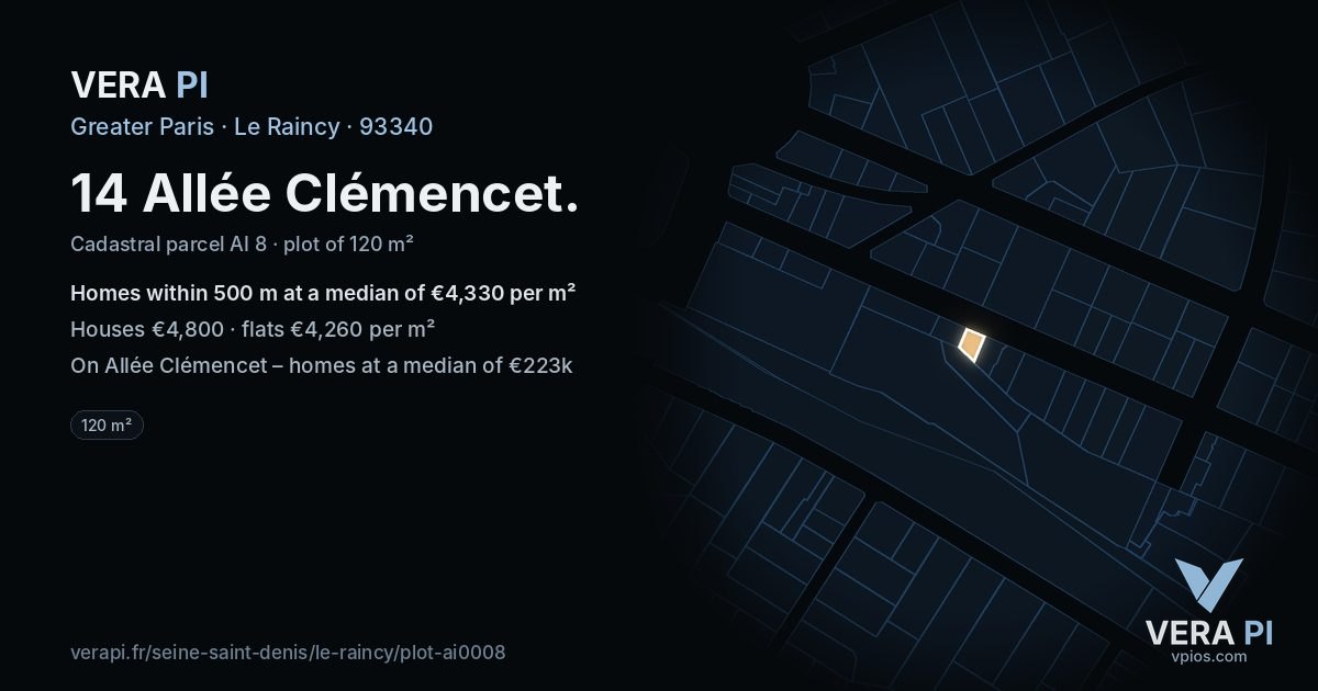 14 Allée Clémencet, Le Raincy at night – the plot lit, the parcels around coloured by the prices near them