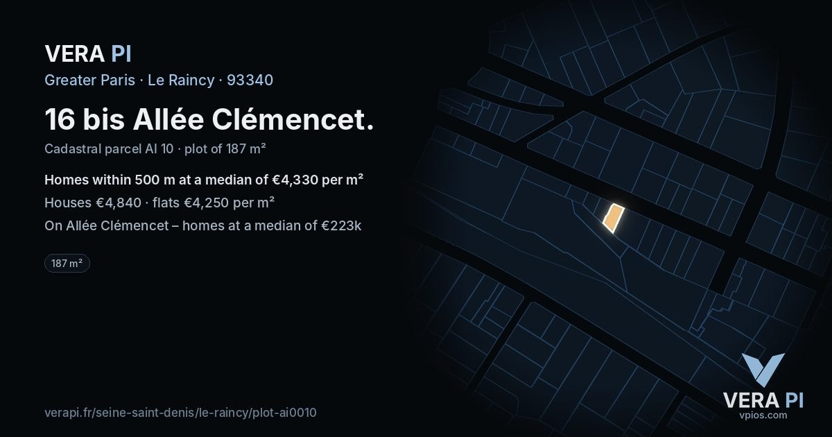 16 bis Allée Clémencet, Le Raincy at night – the plot lit, the parcels around coloured by the prices near them