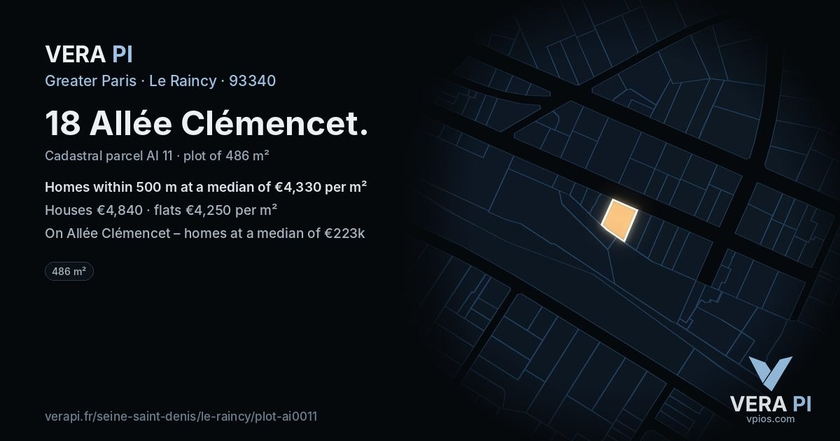 18 Allée Clémencet, Le Raincy at night – the plot lit, the parcels around coloured by the prices near them