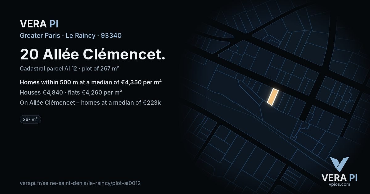 20 Allée Clémencet, Le Raincy at night – the plot lit, the parcels around coloured by the prices near them