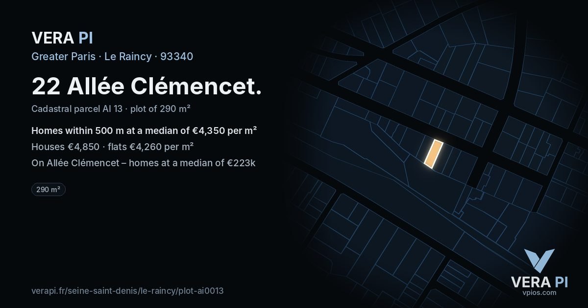 22 Allée Clémencet, Le Raincy at night – the plot lit, the parcels around coloured by the prices near them