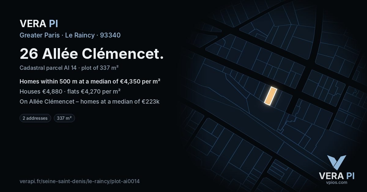 26 Allée Clémencet, Le Raincy at night – the plot lit, the parcels around coloured by the prices near them