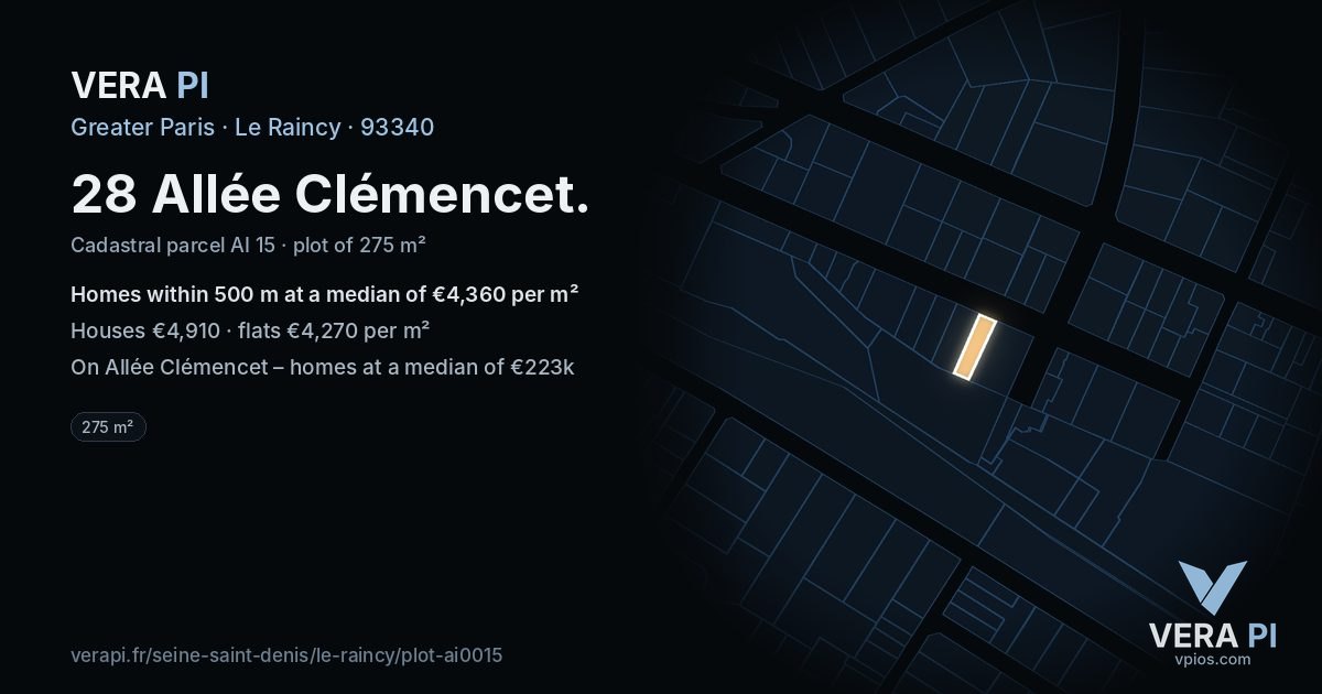 28 Allée Clémencet, Le Raincy at night – the plot lit, the parcels around coloured by the prices near them