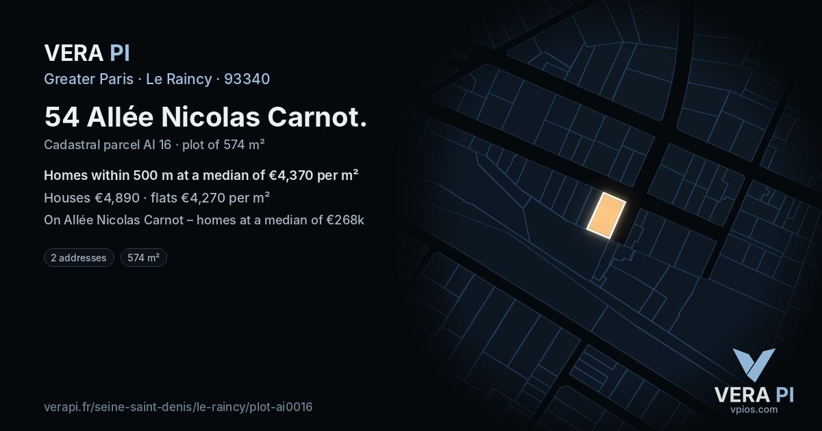 54 Allée Nicolas Carnot, Le Raincy at night – the plot lit, the parcels around coloured by the prices near them