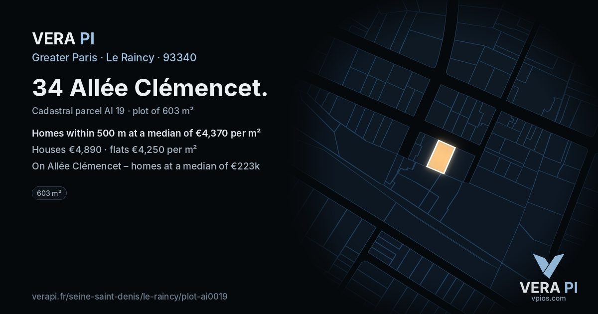 34 Allée Clémencet, Le Raincy at night – the plot lit, the parcels around coloured by the prices near them