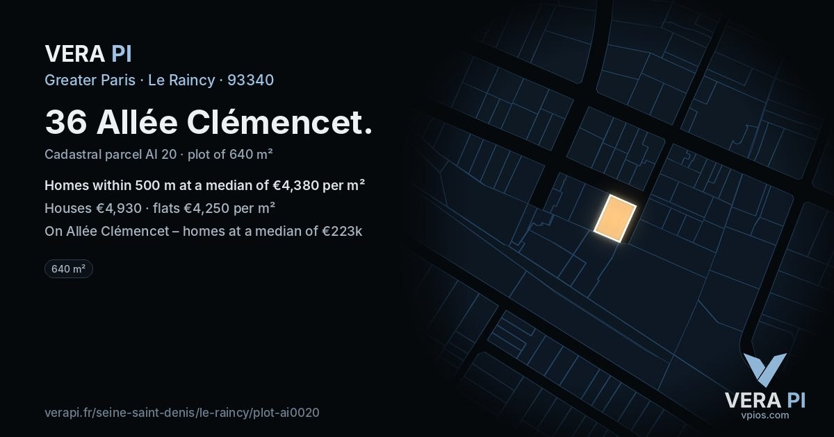 36 Allée Clémencet, Le Raincy at night – the plot lit, the parcels around coloured by the prices near them