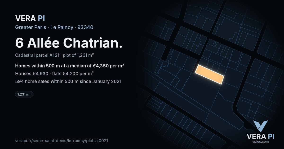 6 Allée Chatrian, Le Raincy at night – the plot lit, the parcels around coloured by the prices near them