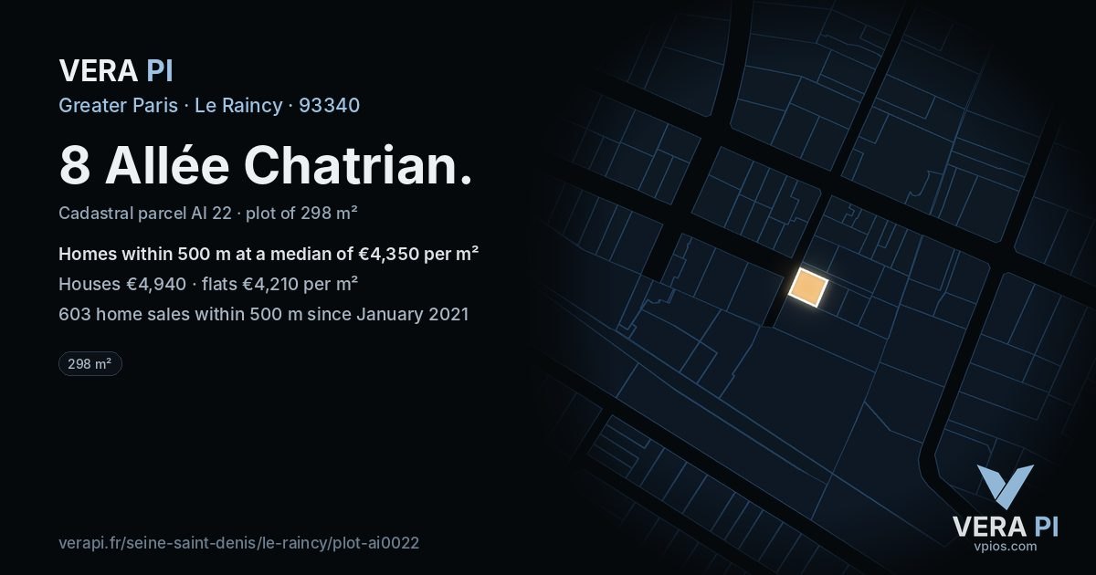 8 Allée Chatrian, Le Raincy at night – the plot lit, the parcels around coloured by the prices near them