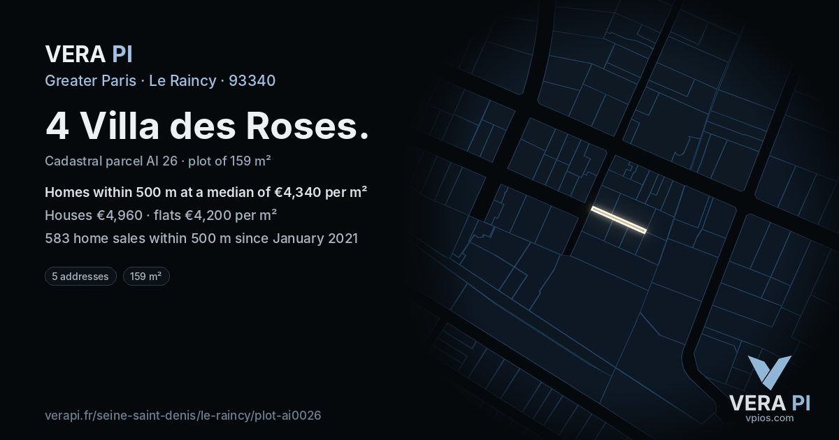 4 Villa des Roses, Le Raincy at night – the plot lit, the parcels around coloured by the prices near them