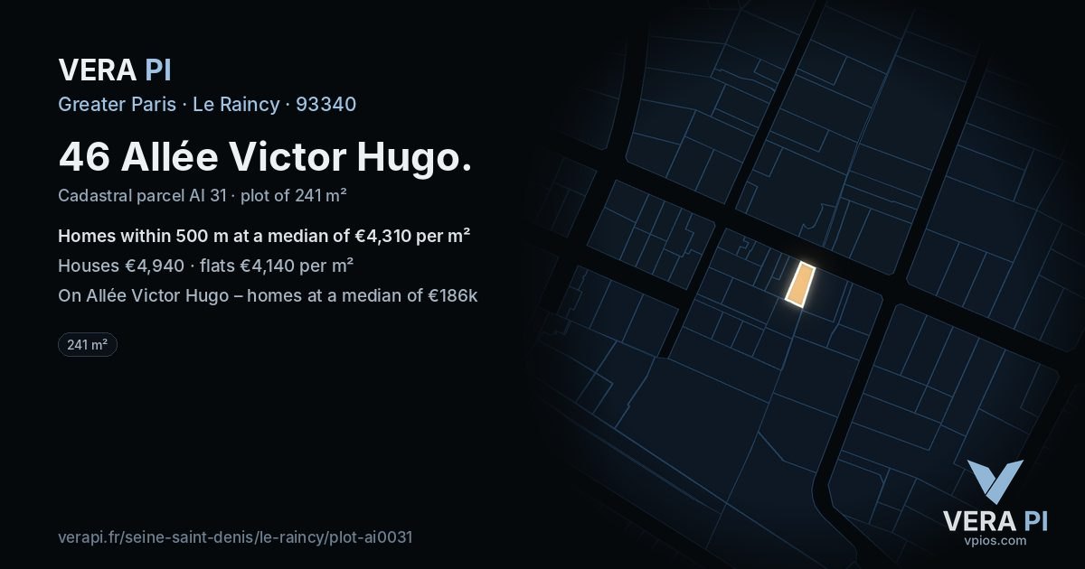 46 Allée Victor Hugo, Le Raincy at night – the plot lit, the parcels around coloured by the prices near them