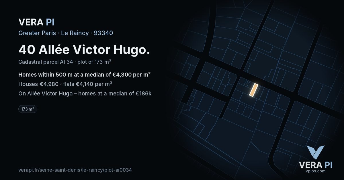 40 Allée Victor Hugo, Le Raincy at night – the plot lit, the parcels around coloured by the prices near them