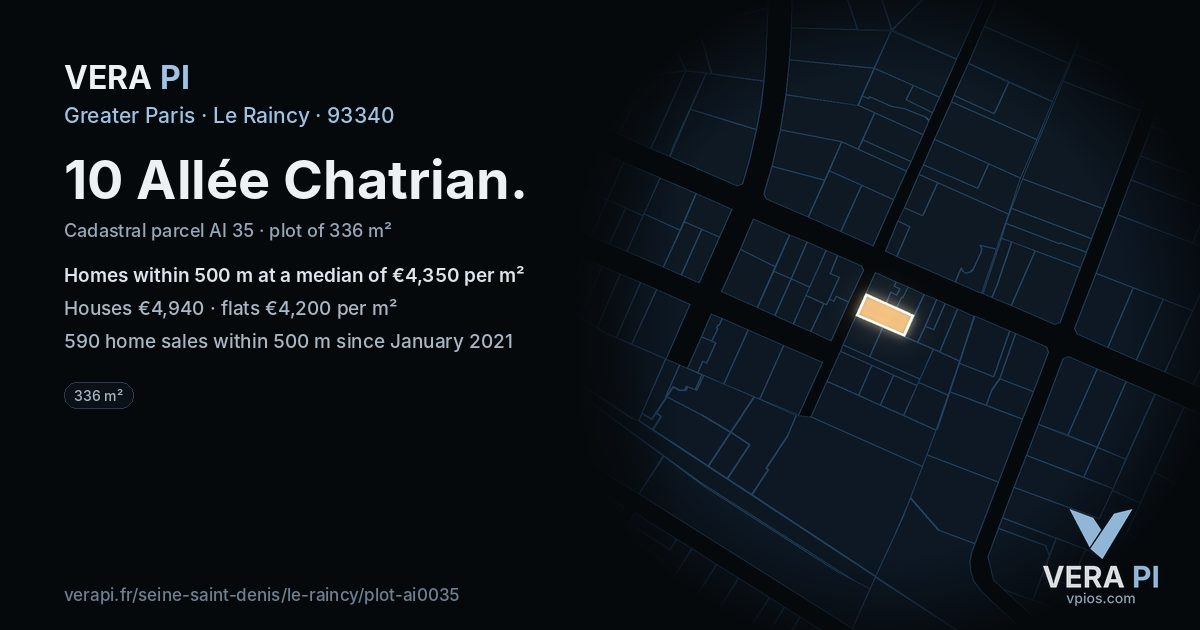 10 Allée Chatrian, Le Raincy at night – the plot lit, the parcels around coloured by the prices near them