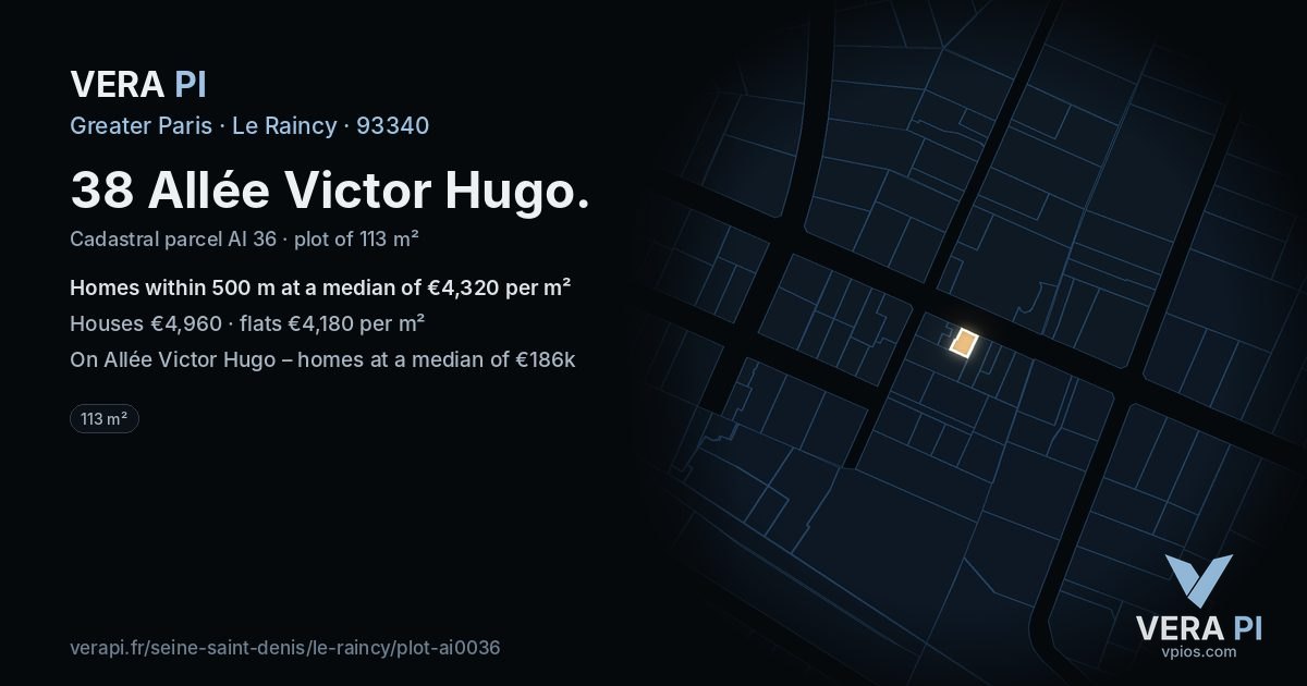 38 Allée Victor Hugo, Le Raincy at night – the plot lit, the parcels around coloured by the prices near them