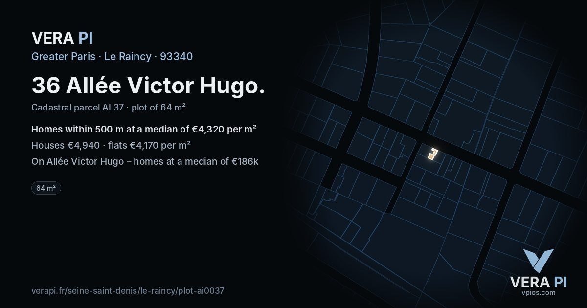36 Allée Victor Hugo, Le Raincy at night – the plot lit, the parcels around coloured by the prices near them