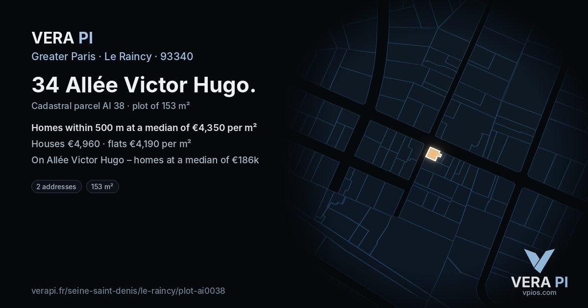 34 Allée Victor Hugo, Le Raincy at night – the plot lit, the parcels around coloured by the prices near them