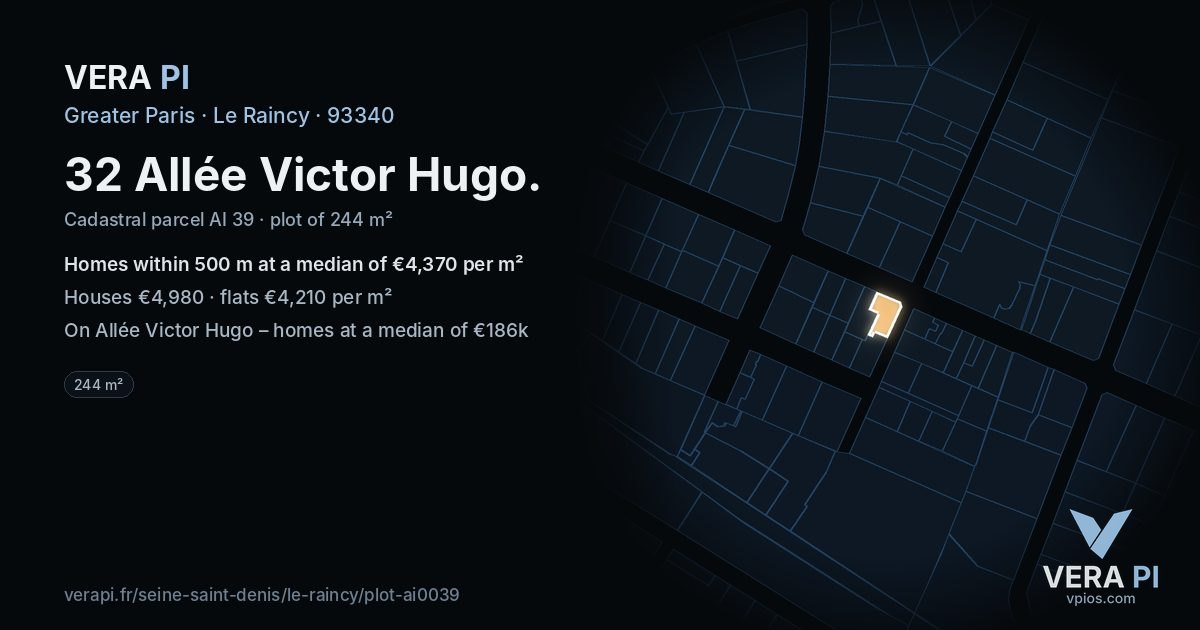 32 Allée Victor Hugo, Le Raincy at night – the plot lit, the parcels around coloured by the prices near them