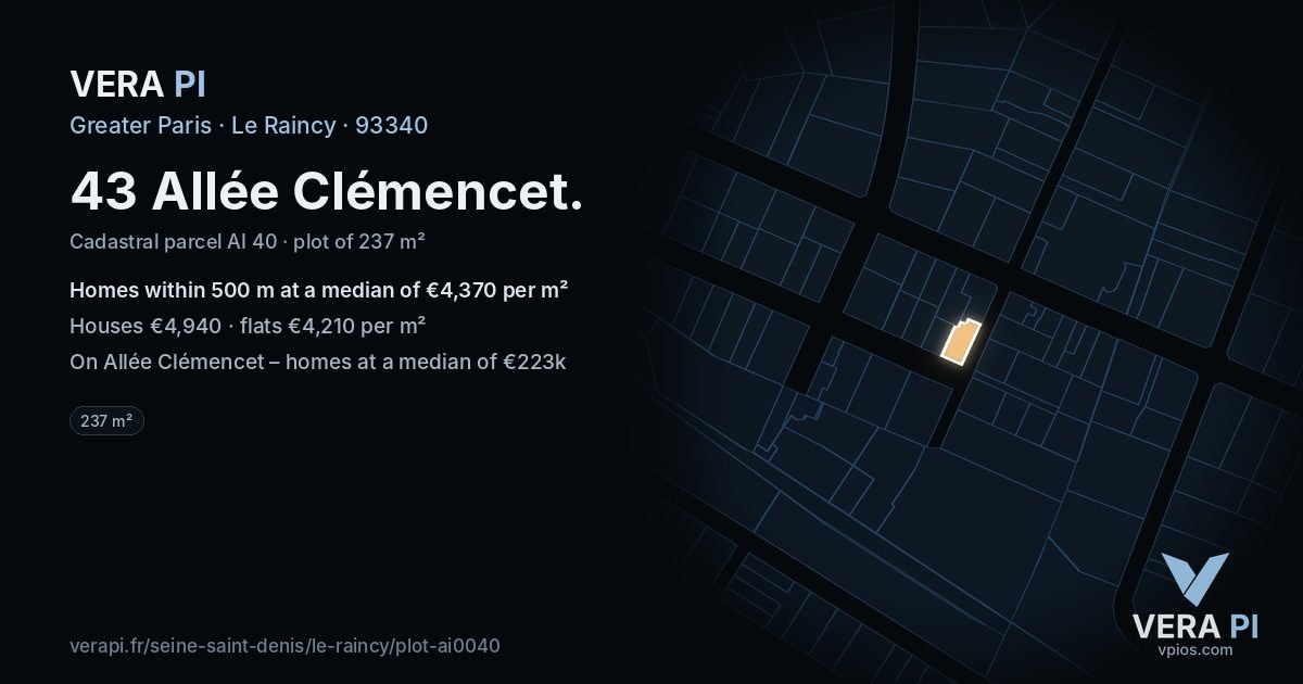43 Allée Clémencet, Le Raincy at night – the plot lit, the parcels around coloured by the prices near them