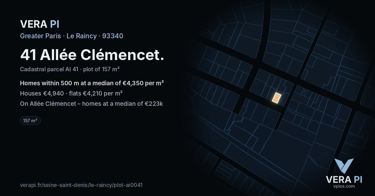 41 Allée Clémencet, Le Raincy at night – the plot lit, the parcels around coloured by the prices near them