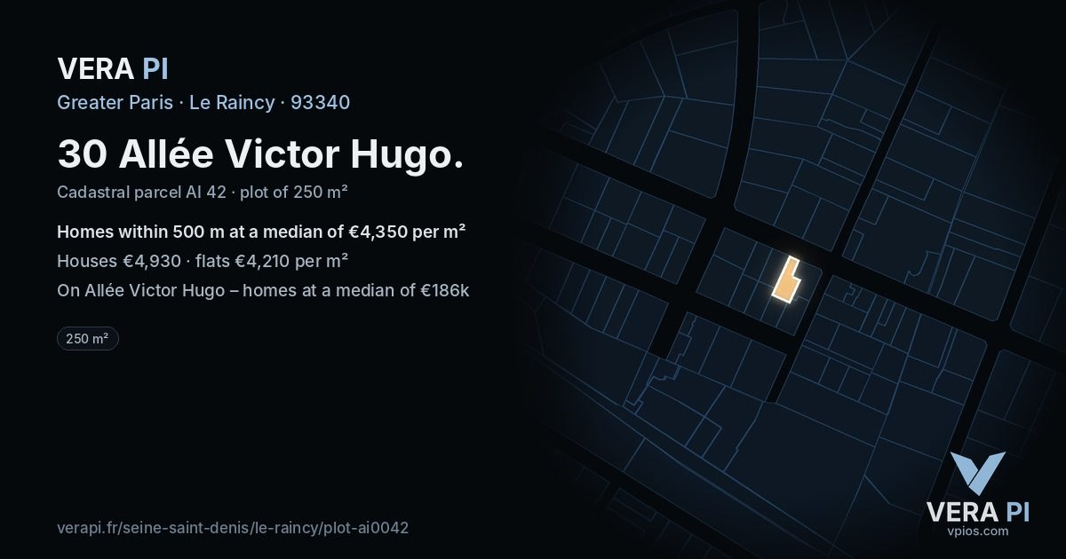 30 Allée Victor Hugo, Le Raincy at night – the plot lit, the parcels around coloured by the prices near them