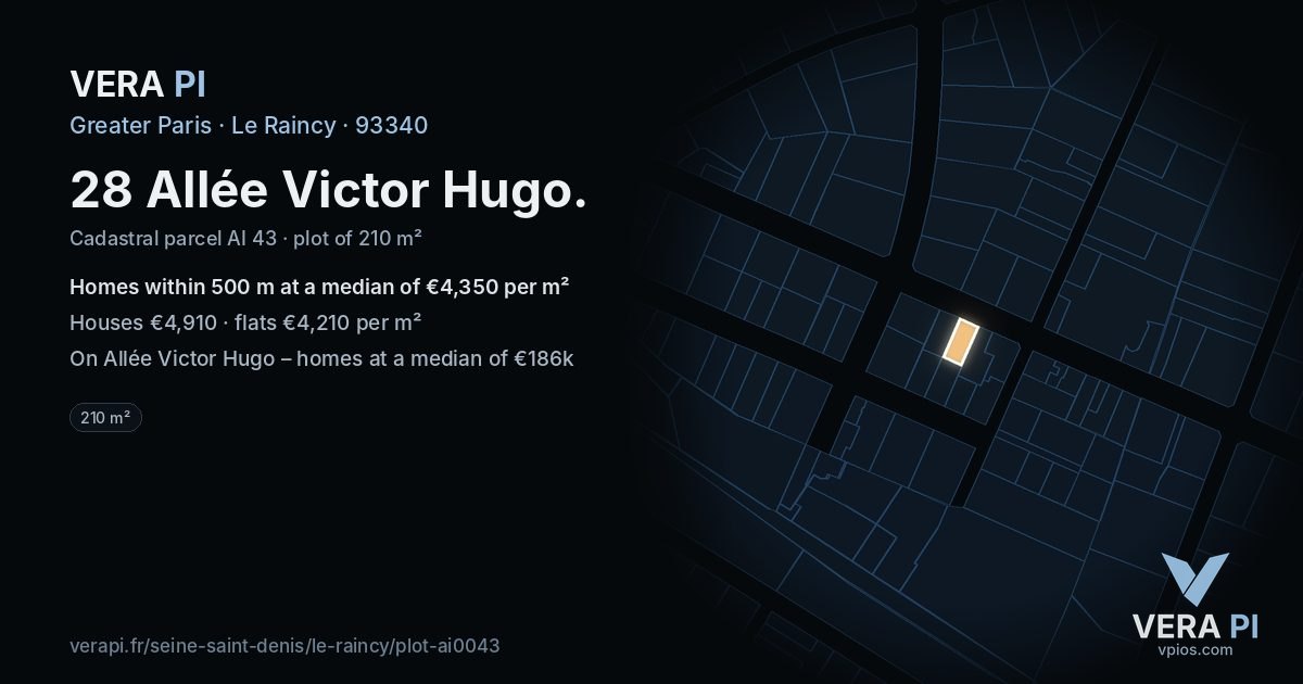 28 Allée Victor Hugo, Le Raincy at night – the plot lit, the parcels around coloured by the prices near them
