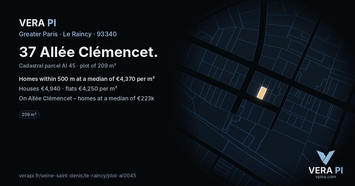 37 Allée Clémencet, Le Raincy at night – the plot lit, the parcels around coloured by the prices near them