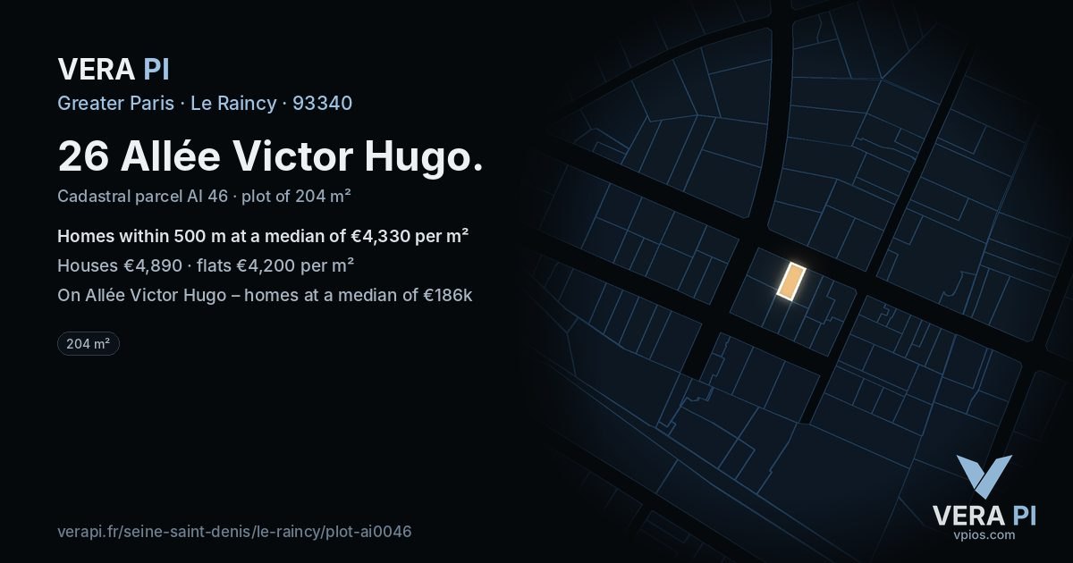 26 Allée Victor Hugo, Le Raincy at night – the plot lit, the parcels around coloured by the prices near them