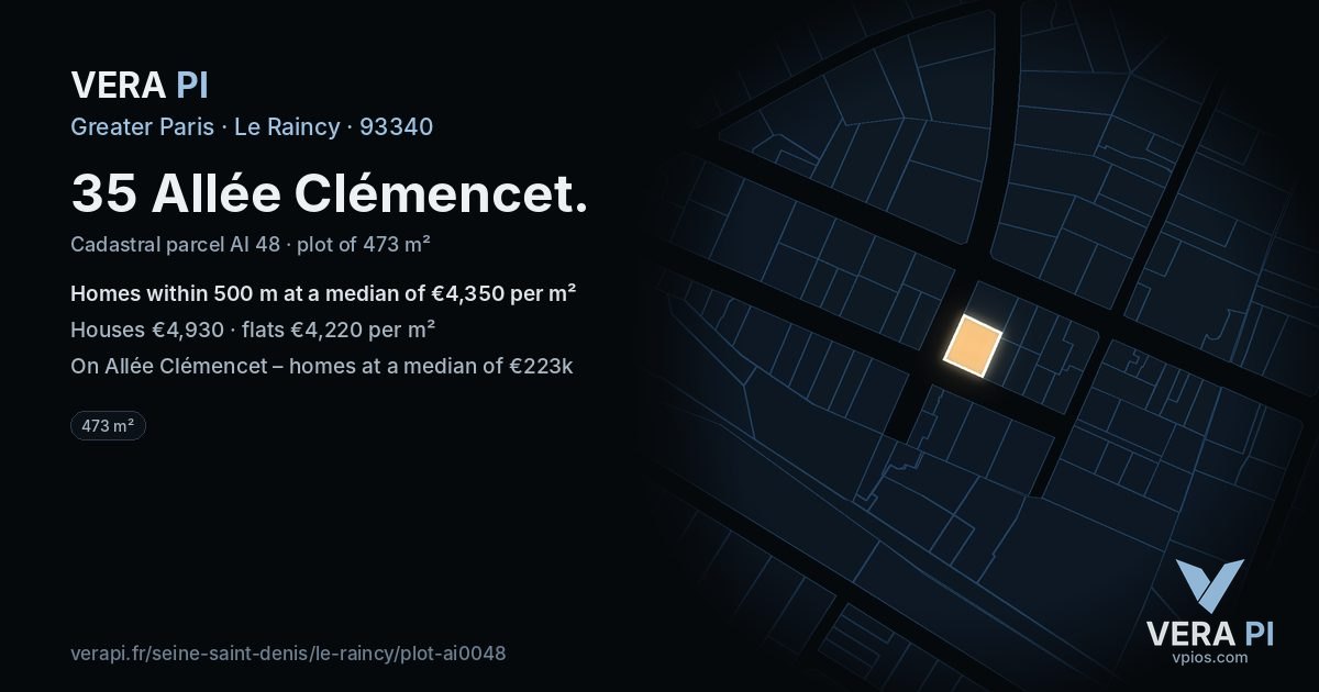 35 Allée Clémencet, Le Raincy at night – the plot lit, the parcels around coloured by the prices near them