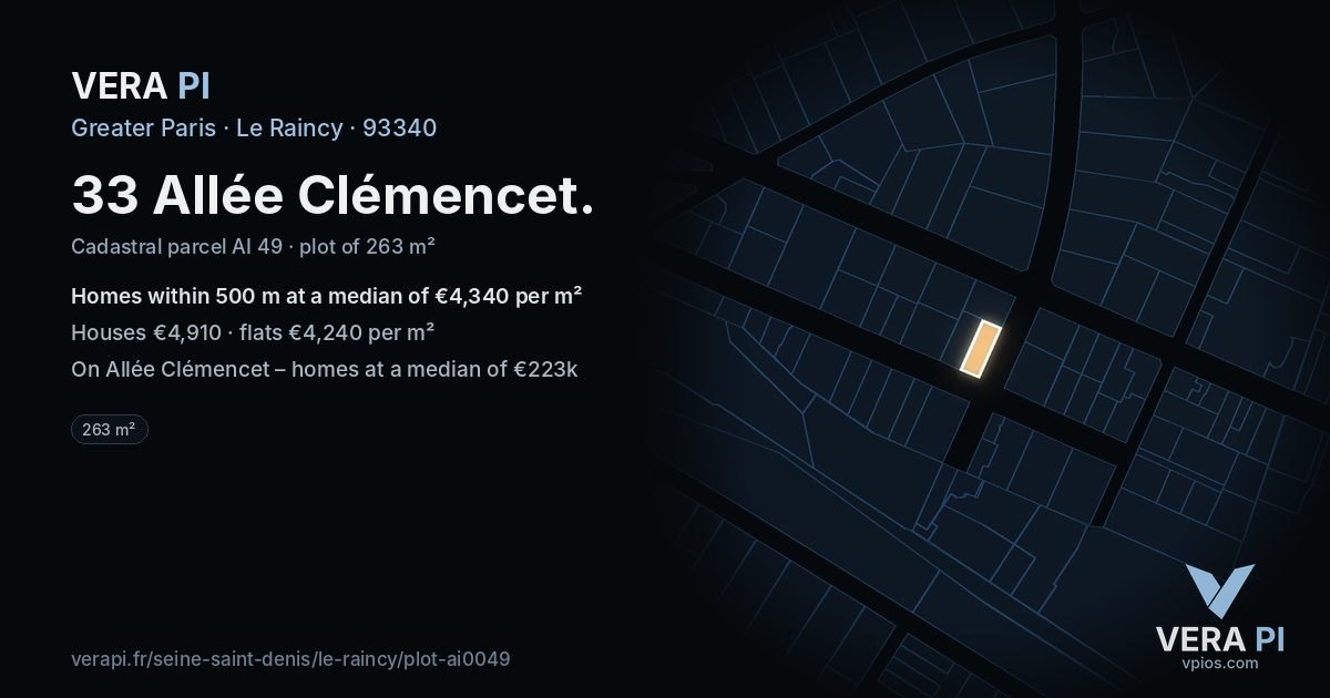 33 Allée Clémencet, Le Raincy at night – the plot lit, the parcels around coloured by the prices near them