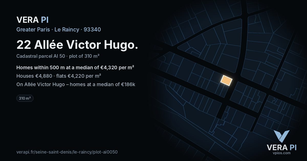22 Allée Victor Hugo, Le Raincy at night – the plot lit, the parcels around coloured by the prices near them