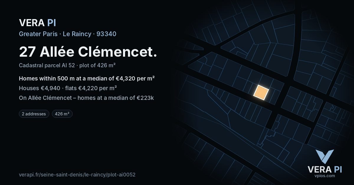 27 Allée Clémencet, Le Raincy at night – the plot lit, the parcels around coloured by the prices near them