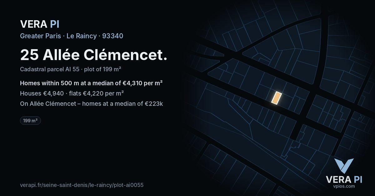 25 Allée Clémencet, Le Raincy at night – the plot lit, the parcels around coloured by the prices near them