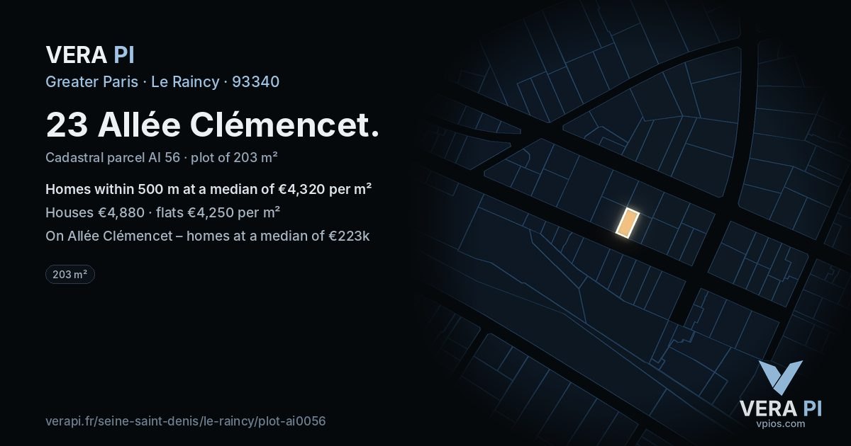 23 Allée Clémencet, Le Raincy at night – the plot lit, the parcels around coloured by the prices near them
