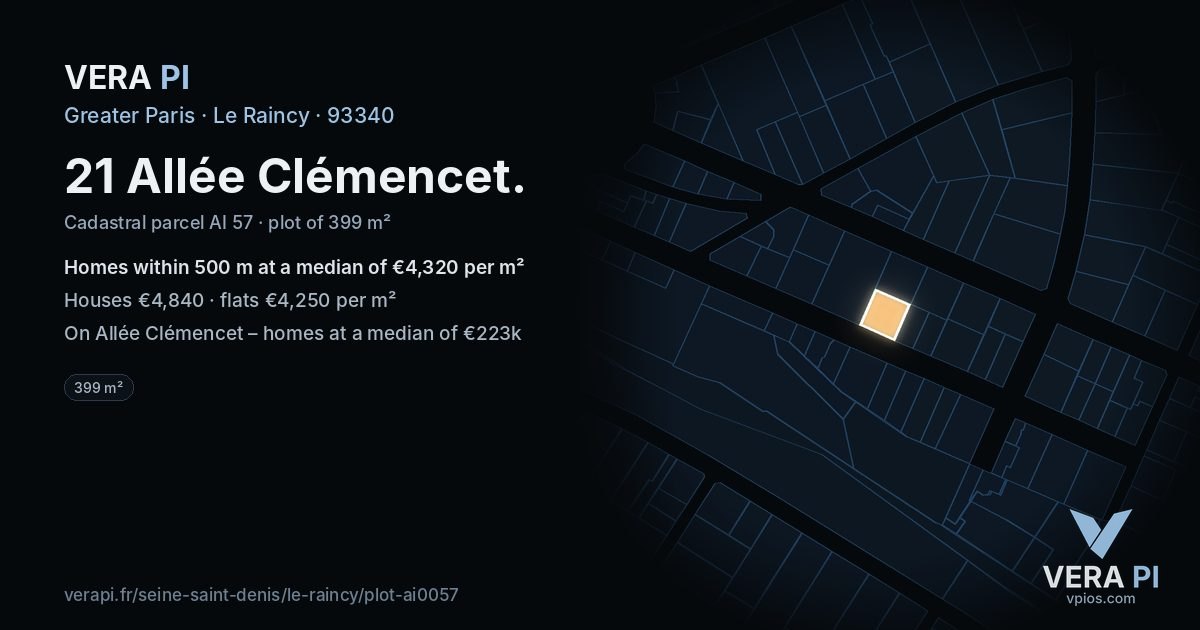 21 Allée Clémencet, Le Raincy at night – the plot lit, the parcels around coloured by the prices near them